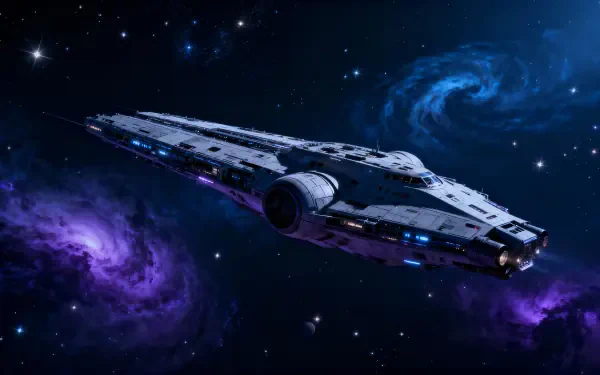 Sci-fi deep space exploration: a sleek starship glides past purple and blue nebulae and distant stars — 4K Ultra HD PC desktop wallpaper and background.