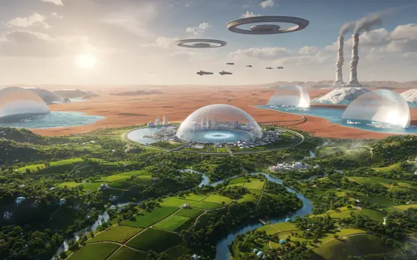 4K Ultra HD sci-fi terraforming scene: glass biodomes and green rivers spreading into a red desert beneath hovering rings and craft — PC desktop wallpaper/background.