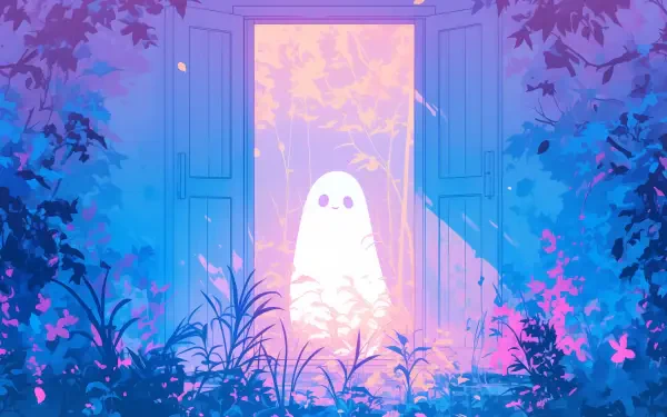 Cute ghost in pastel aesthetic anime style, glowing at an open doorway amid foliage — AI art Halloween scene, 2K Quad HD PC desktop wallpaper/background.