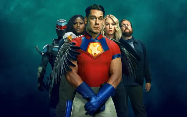 Peacemaker (Tv Show) 4K Ultra HD PC desktop wallpaper and background: Peacemaker in red-and-blue suit with dove emblem stands center, flanked by three teammates against a moody teal backdrop.