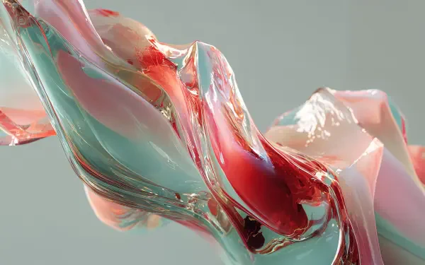 Abstract glass-morphism 4K Ultra HD PC desktop wallpaper: flowing translucent ribbons of teal, pink and red with glossy, liquid-like surfaces on a soft gray background.