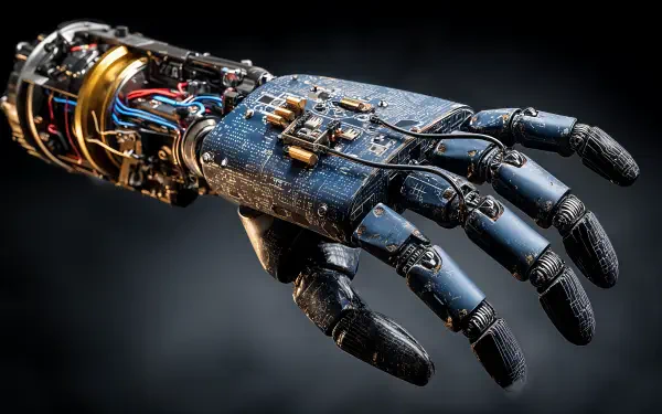 Sci-fi robotic hand close-up: high-detail mechanical forearm with exposed wiring and articulated fingers. 4K Ultra HD PC desktop wallpaper/background.