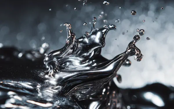 Abstract liquid-metal splash in high-contrast silver tones, dynamic ripples and droplets — 4K Ultra HD PC desktop wallpaper and background.