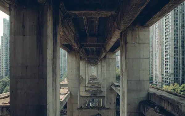 4K Ultra HD PC desktop wallpaper of a man-made concrete jungle: symmetrical view beneath an elevated highway flanked by towering apartment blocks, moody urban perspective.