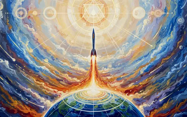 Vibrant 4K Ultra HD PC desktop wallpaper and background: a rocket blasting off from Earth into radiant, swirling cosmic skies.