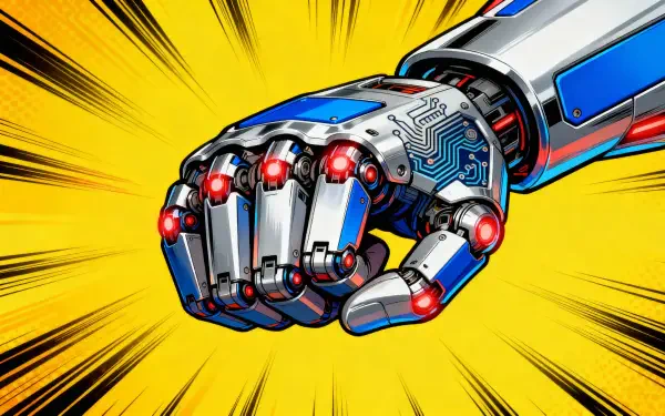 Metallic robotic hand forming a fist with glowing red sensors and blue circuitry on a yellow burst backdrop — 4K Ultra HD PC desktop wallpaper.