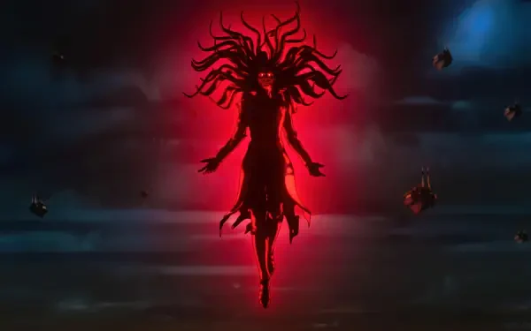 HD PC desktop wallpaper from TV show Marvel Zombies: a shadowy, levitating figure with writhing hair, glowing red aura and floating debris against a dark, ominous backdrop.