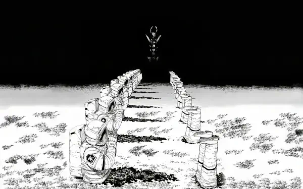 Black-and-white Chainsaw Man 2K Quad HD PC desktop wallpaper: rows of severed heads and stone pillars across a barren field leading to a distant floating figure, evoking Denji, Makima and Power.