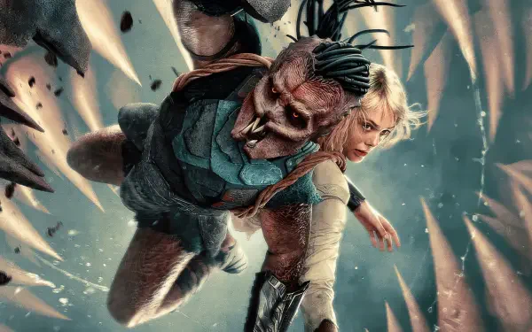 Predator: Badlands 4K Ultra HD PC wallpaper — a snarling Predator carries a blond human as bone-like spikes rain down amid teal-hued chaos.