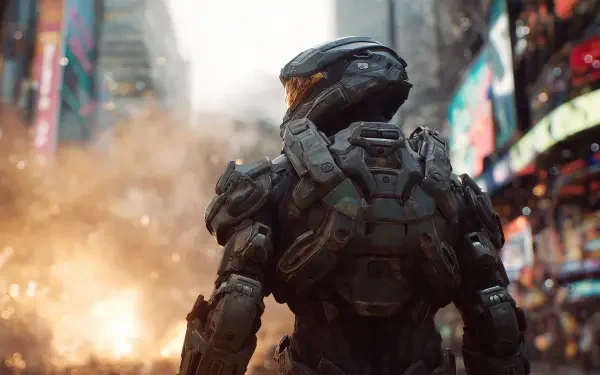Video game 2K Quad HD PC wallpaper: Halo Infinite's Master Chief in a powered exoskeleton, visor aglow, stands amid a burning urban battlefield, seen from behind.