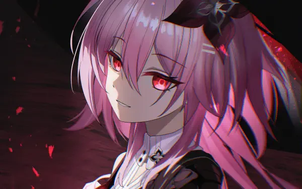 4K Ultra HD desktop wallpaper of Evernight (Honkai: Star Rail): close-up of a pale, pink-haired character with glowing red eyes, dark gothic outfit and drifting red petals.