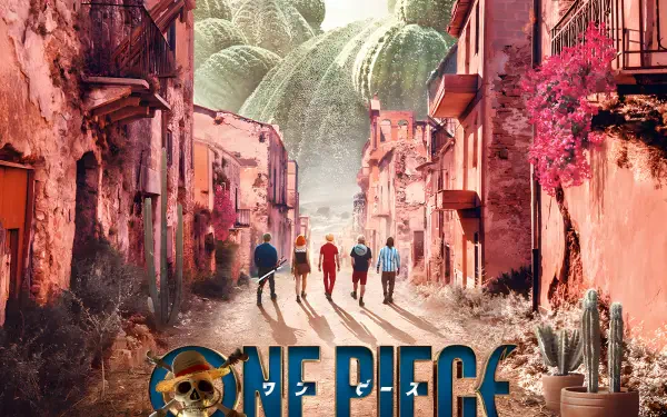 4K Ultra HD PC desktop wallpaper of One Piece (Live Action) TV show: Straw Hat crew walk down a sunlit pink village street toward a giant palm tree, series logo at bottom.