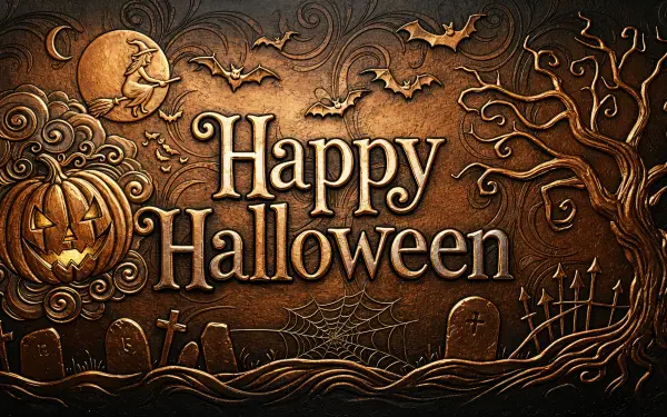 Ornate bronze Happy Halloween relief with jack-o'-lantern, moon, bats, gnarled tree, gravestones and cobweb — 4K Ultra HD PC desktop wallpaper and background.