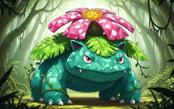 4K Ultra HD PC desktop wallpaper and background of Venusaur (Pokémon) in a lush forest, low-poly geometric style with a large pink flower.