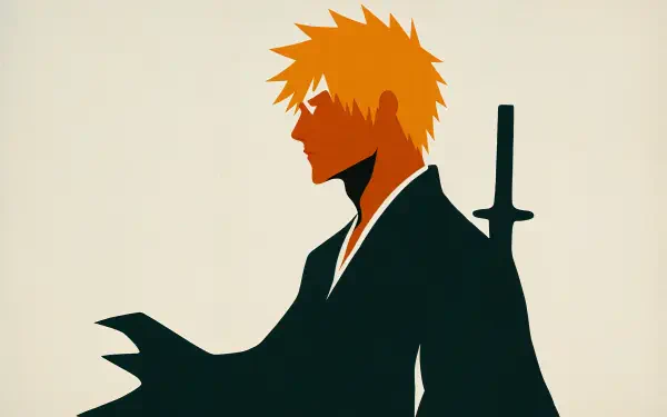 Bleach 4K Ultra HD PC desktop wallpaper and background: minimalist silhouette of Ichigo Kurosaki with spiky orange hair and his zanpakuto against a pale backdrop.