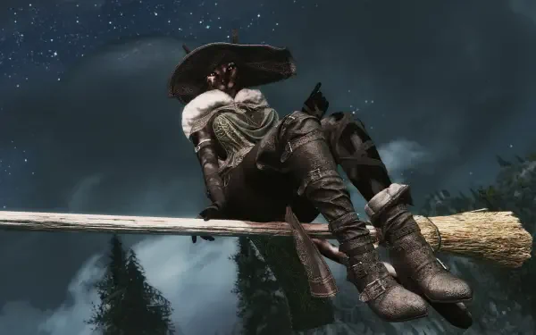 The Elder Scrolls V: Skyrim video game 4K Ultra HD PC wallpaper: armored character perched on a broomstick, silhouetted against a starry night sky above pine treetops.