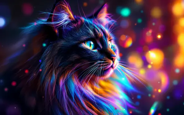 Vibrant neon Maine Coon portrait with flowing fur and multicolored bokeh lights — 4K Ultra HD PC desktop wallpaper.
