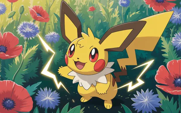 Bright 4K Ultra HD PC desktop wallpaper of Pichu (Pokémon) joyfully crackling with electricity amid poppies and blue cornflowers in a sunlit meadow.