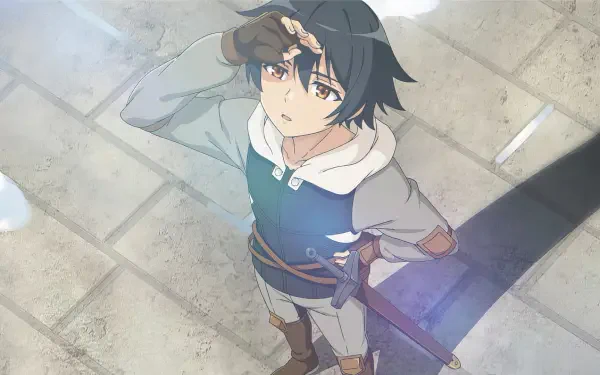 Anime HD PC desktop wallpaper of Arel from Hero Without a Class: Who Even Needs Skills?! — young dark-haired hero looking up, sword slung across his back on sunlit cobblestones.