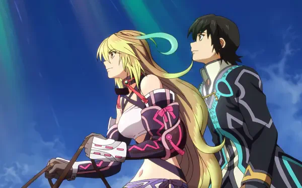 HD PC desktop wallpaper for the video game Tales of Xillia showing Milla Maxwell and Jude Mathis side by side, gazing toward a bright blue sky.