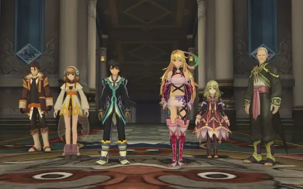 HD PC desktop wallpaper and background from the video game Tales of Xillia: six main characters stand in a grand hall, centered on a blonde heroine and a dark‑haired hero.