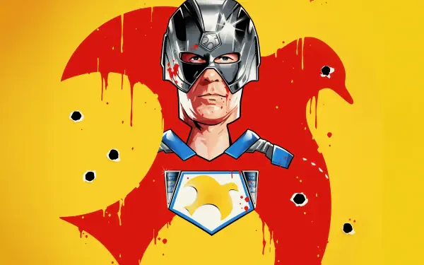 Peacemaker (TV show) 8K Ultra HD PC wallpaper: masked titular hero framed by a red dove silhouette on a yellow field, dotted with bullet holes and blood splatter.