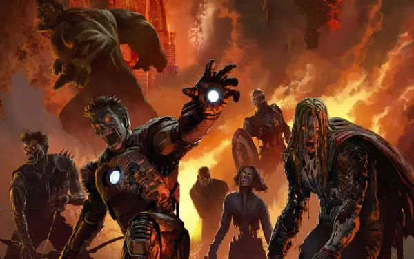 Marvel Zombies 4K Ultra HD PC desktop wallpaper: zombified Iron Man, Thor, Hulk and other undead heroes amid fiery, apocalyptic ruins with glowing arc reactors.