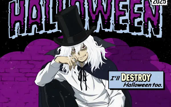Tomura Shigaraki (My Hero Academia) 5K Ultra HD PC desktop wallpaper: white-haired villain in a top hat sits against a purple brick wall under HALLOWEEN text, saying I'll DESTROY Halloween too.
