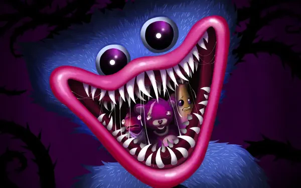 HD PC desktop wallpaper: video game Huggy Wuggy in Fortnite style — blue creature with pink lips, rows of razor teeth and tiny Fortnite characters trapped in its mouth against a dark purple backdrop.