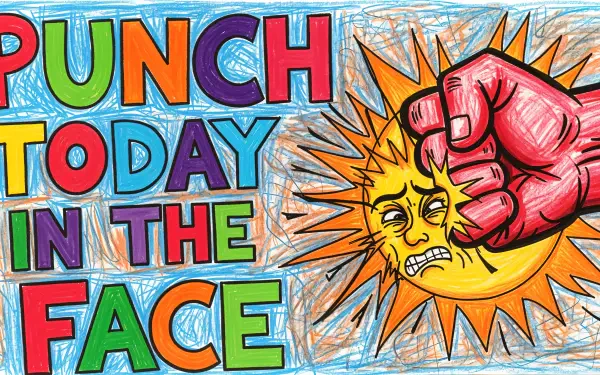 4K Ultra HD PC wallpaper: bold hand-drawn text PUNCH TODAY IN THE FACE with a red fist punching a grimacing sun in a bright, colorful doodle style.