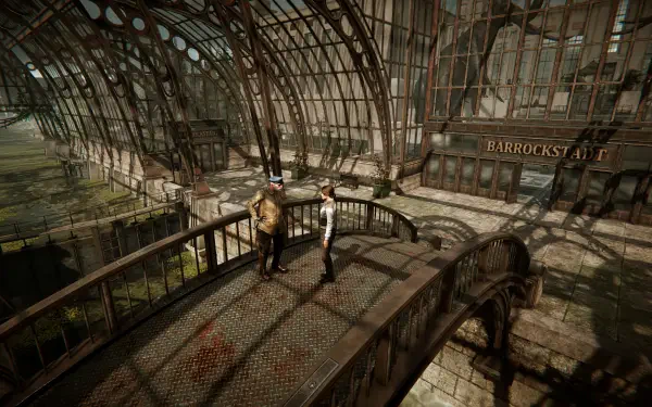 Syberia video game 2K Quad HD PC desktop wallpaper/background: two figures stand on a rusted iron walkway inside a vast glass‑roofed, overgrown train station interior.