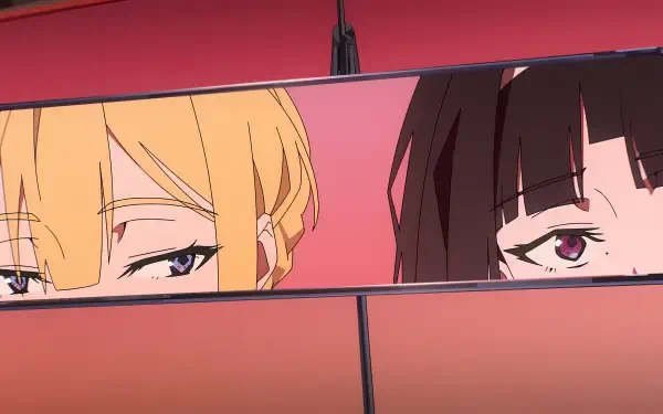 Video game Zenless Zone Zero 4K Ultra HD PC wallpaper: Evelyn Chevalier (blonde) and Astra Yao (dark-haired) peeking over a tiled wall.