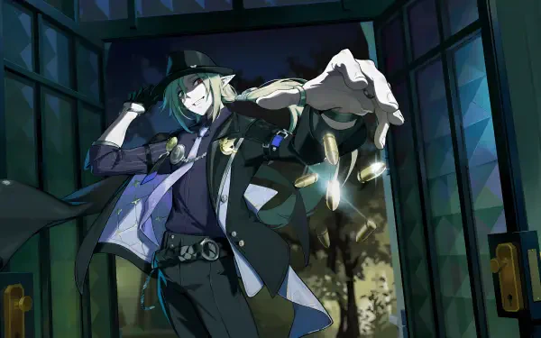 5K Ultra HD PC desktop wallpaper and background of Hugo Vlad from the video game Zenless Zone Zero: stylish gaming character in coat and hat reaching out with a glowing hand amid shattered windows.