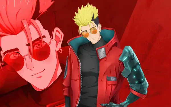 4K Ultra HD PC wallpaper: anime art of Trigun STARGAZE's Vash the Stampede — spiky blond hair, red coat and sunglasses, full-body and close-up against a vivid red backdrop.