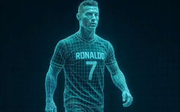 4K Ultra HD PC desktop wallpaper of a neon wireframe footballer in a number 7 jersey walking forward against a dark grid background.