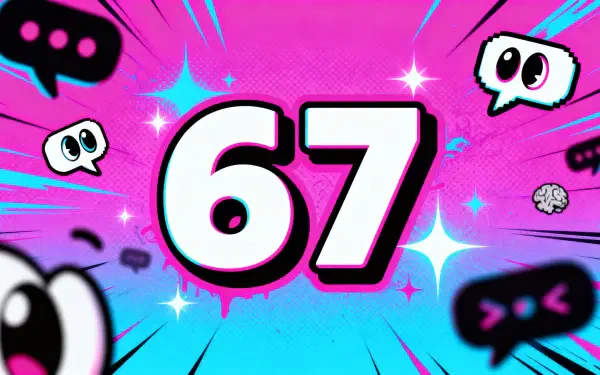 Vibrant meme-style 4K Ultra HD PC desktop wallpaper: bold white 67 outlined in black on a pink/cyan burst with comic speech bubbles and wide cartoon eyes.