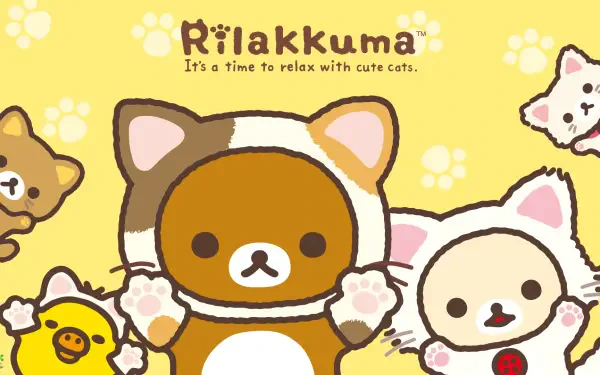 San-X Rilakkuma HD PC desktop wallpaper: Rilakkuma and friends in cat costumes on a yellow paw-print background with the tagline It's a time to relax with cute cats.