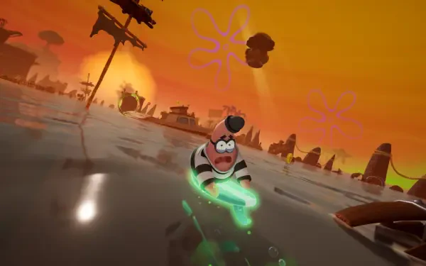 HD PC wallpaper from the video game SpongeBob SquarePants: Titans of the Tide featuring Patrick Star on a glowing surfboard skimming a flooded, orange-tinted cityscape.