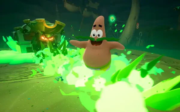 HD PC desktop wallpaper - SpongeBob SquarePants: Titans of the Tide scene: Patrick Star leaping through neon green energy on a haunted ship deck.