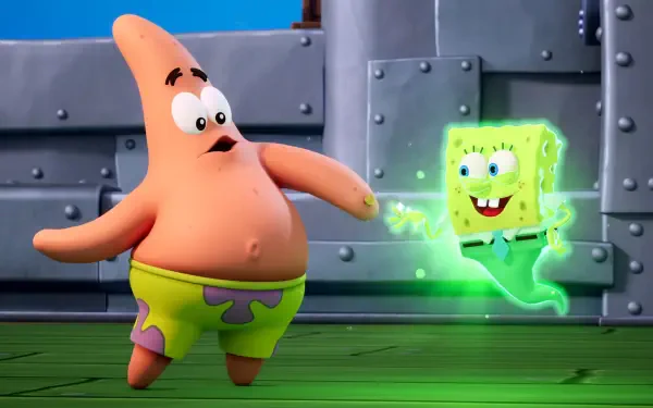 HD PC desktop wallpaper of SpongeBob SquarePants (glowing green ghost form) and Patrick Star aboard a metal ship interior — scene from the video game SpongeBob SquarePants: Titans of the Tide.