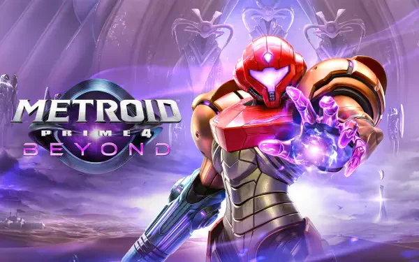 HD PC desktop wallpaper and background for the video game Metroid Prime 4: Beyond, featuring Samus Aran in her Power Suit with arm cannon glowing against a purple alien sci‑fi landscape.
