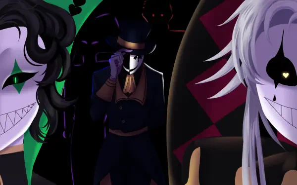 HD PC Desktop Wallpaper and Background: dark, stylized harlequin and pierrot figures with eerie grins and hollow eyes; a top-hatted silhouette stands between two sinister masked companions.