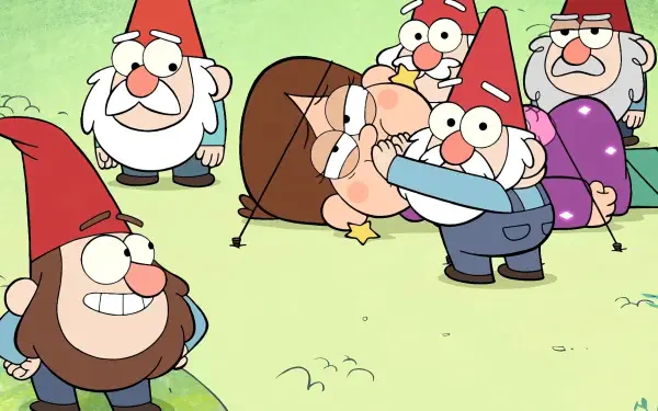 HD PC desktop wallpaper from the TV show Gravity Falls: Mabel Pines laughs as mischievous gnomes swarm and playfully smother her on a grassy background.
