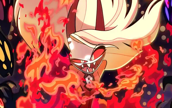 4K Ultra HD PC wallpaper: Charlie from Hazbin Hotel, horned and grinning as fiery red-orange flames swirl around her.