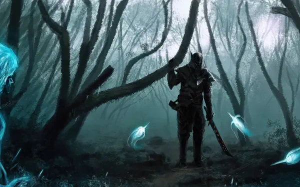 4K Ultra HD PC desktop wallpaper of a lone armored warrior in a misty fantasy forest, surrounded by small glowing blue fairies.