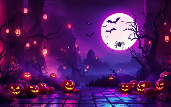 4K Ultra HD PC desktop wallpaper and background: purple Halloween night with a full moon, bats, a spider, glowing jack-o'-lanterns, hanging lanterns and twisted trees over a misty path.