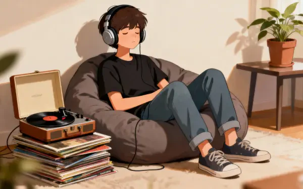 Anime boy with headphones lounging on a beanbag beside a stack of records, a plant and a turntable — cozy 4K Ultra HD PC desktop wallpaper/background.