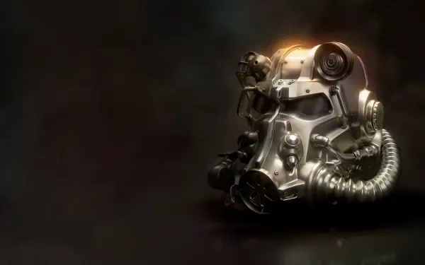 Close-up of a Fallout 4 Power Armor helmet against a dark backdrop, 4K Ultra HD video game PC desktop wallpaper.