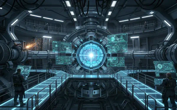 Sci‑fi engine room with glowing central reactor, holographic panels and catwalks; 4K Ultra HD PC desktop wallpaper and background.