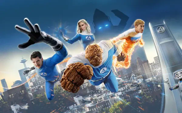 The Fantastic Four: First Steps movie 2K Quad HD PC desktop wallpaper and background—Mr. Fantastic, Invisible Woman, Human Torch and The Thing streak over a city skyline.